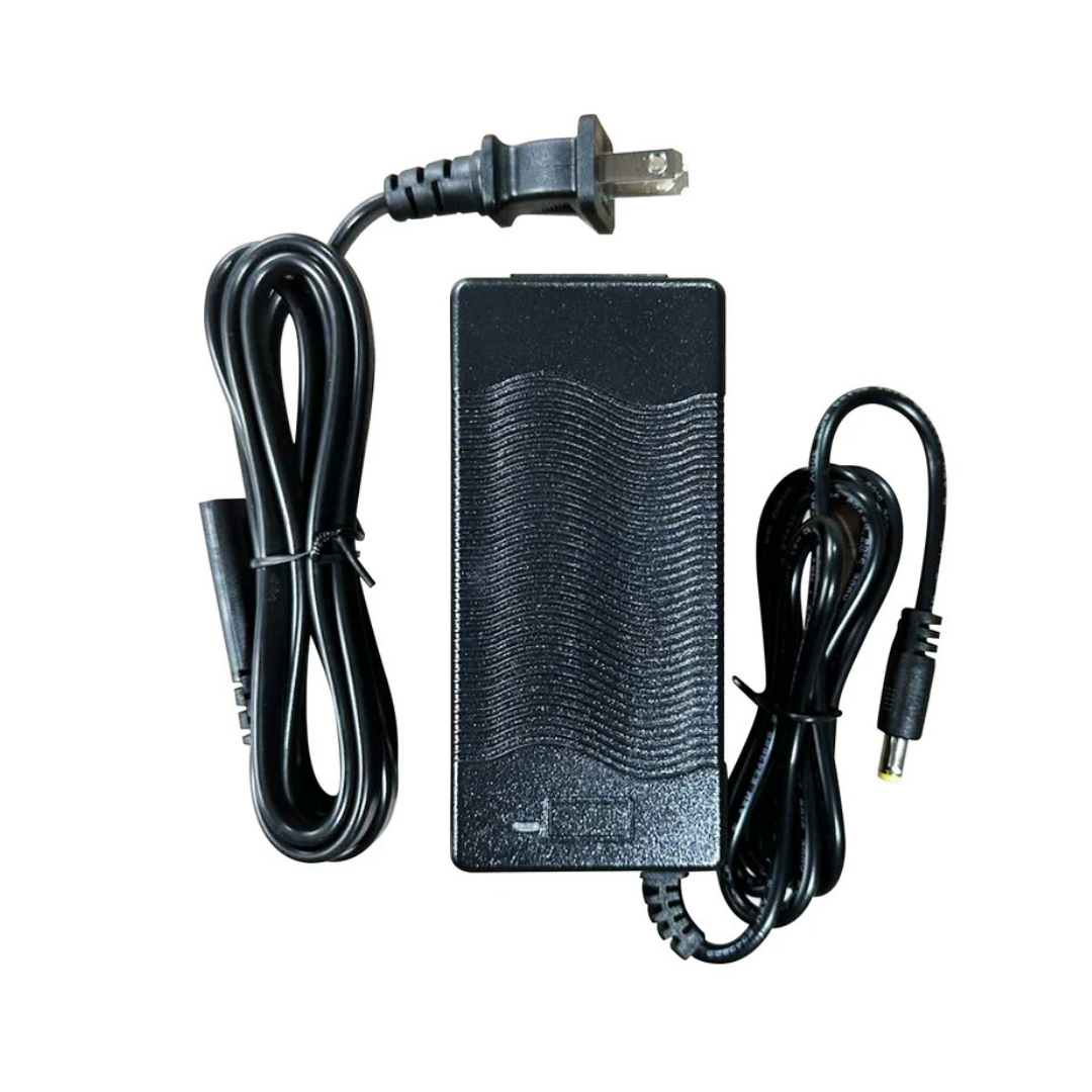 A black AC power adapter with an attached cord and barrel connector, compatible with Paiseec Mobility Scooter Parts, shown on a white background.